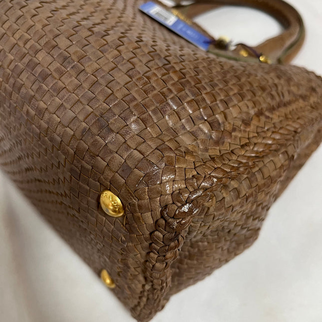Prada Madras Brown Woven Leather Top Handle Shopping Tote