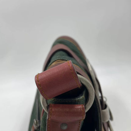 Dior Vintage Gaucho Mini Green Denim Burgundy Leather Crossbody Bag 2006