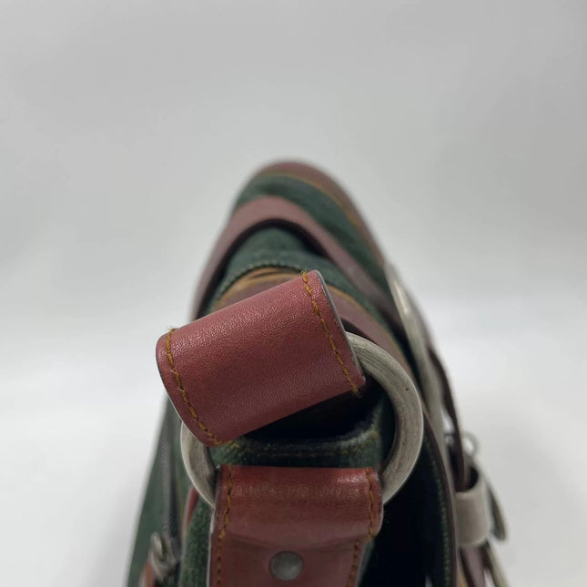 Dior Vintage Gaucho Mini Green Denim Burgundy Leather Crossbody Bag 2006