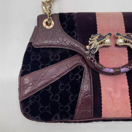 Gucci Jeweled Dragon Bag Purple Crocodile and GG Velvet Bamboo Chain Strap Shoulder Bag