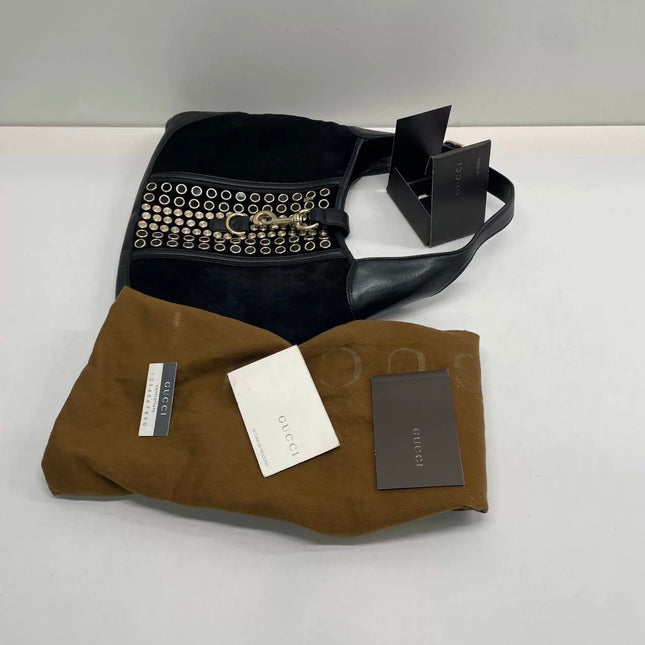 Gucci Jackie Vintage Large Black Suede Leather Ringlets Decoration