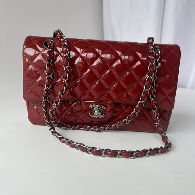 Chanel Classic Flap Medium Cherry Red Patent Leather Silver Hardware
