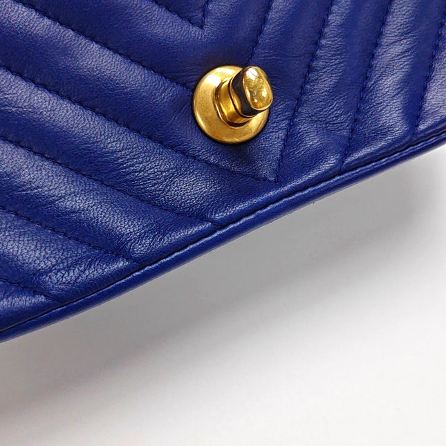 Chanel Classic Flap Mini Square Chevron Stitching Blue Lambskin Gold Hardware Crossbody Bag