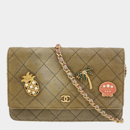 Chanel Wallet on Chain Khaki Quilted Canvas Coco Cuba Charms 2017