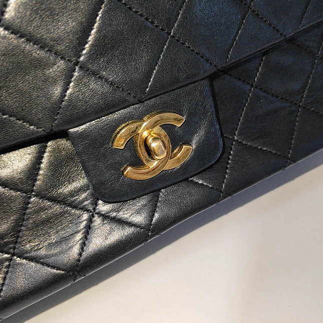 Chanel Classic Flap Vintage Large Black Lambskin Leather with 24k Gold Hardware, 1989-1991