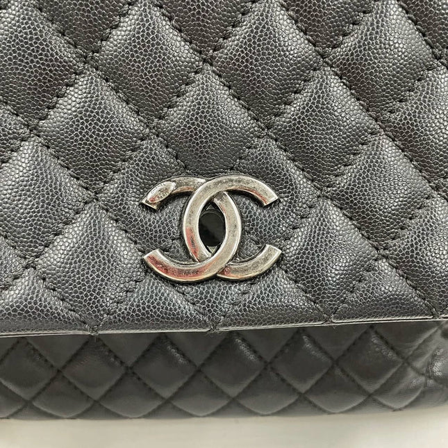 Chanel Coco Handle Maxi Black Caviar Leather Burgundy Lizard Handle Silver Hardware 32cm