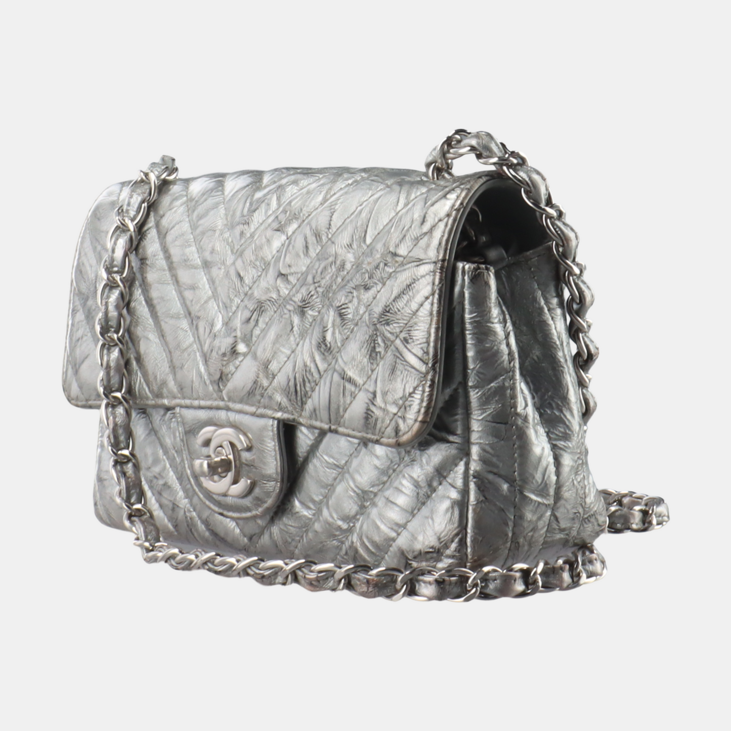 Chanel Classic Flap Mini Rectangular Patent Metallic Crumpled Calfskin Chevron Quilted Silver