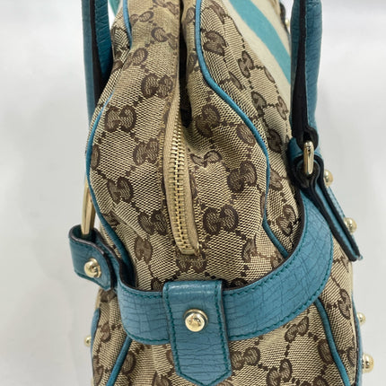 Gucci Horsebit Boston Bowling Handbag Monogram Canvas Blue Leather