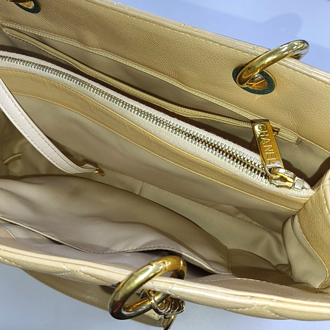 Chanel GST Grand Shopping Tote Beige Caviar Leather PM Gold Hardware