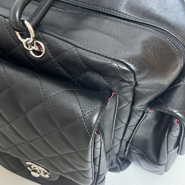 Chanel Cambon Multi-pocket Ligne Reporter Bag Large Black Calfskin Leather White Logo