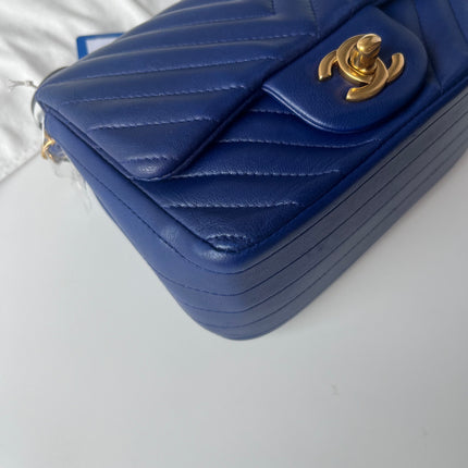 Chanel Classic Flap Mini Square Chevron Stitching Blue Lambskin Gold Hardware Crossbody Bag