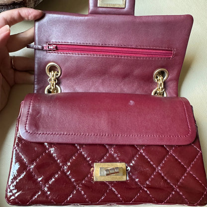 Chanel 2.55 Mini Reissue Quilted Burgundy Patent Leather Double Flap Gold HW