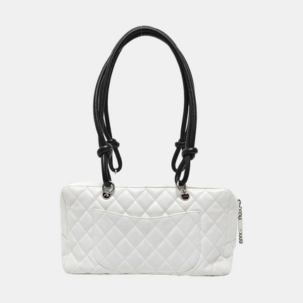 Chanel Cambon Medium Shoulder Bag White Calfskin Leather Snake-skin CC Logo Black Double Strap