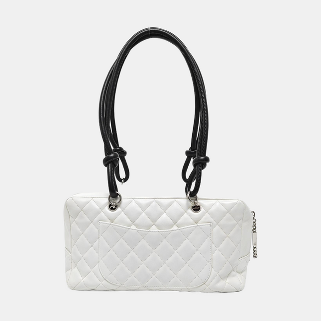 Chanel Cambon Medium Shoulder Bag White Calfskin Leather Snake-skin CC Logo Black Double Strap