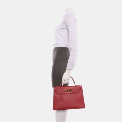 Hermes Kelly 32 Sellier Red Epsom Leather Gold HW Circle S Stamp 1989