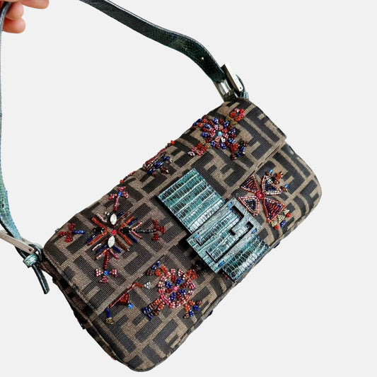 Fendi Baguette Zucca Monogram with Beaded Floral Embroidery-Luxbags