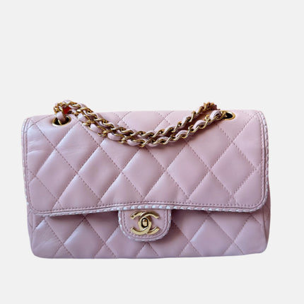 Chanel Classic Flap Medium Happy Stitch Pink Leather with Contrast White Trim