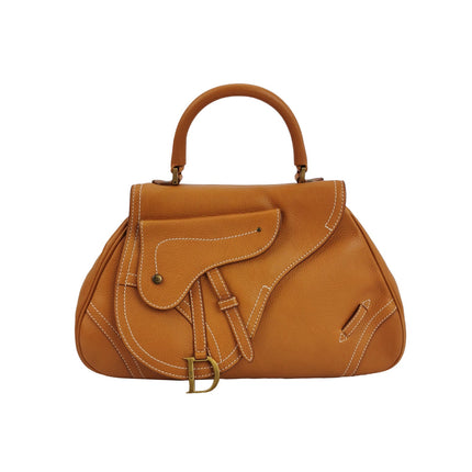 Dior Top Handle Saddle Bag Cognac Tan Brown Calfskin Leather-Luxbags
