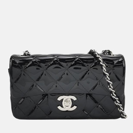 Chanel Classic Flap Rectangular Super Mini Black Patent Leather Silver Hardware-Luxbags