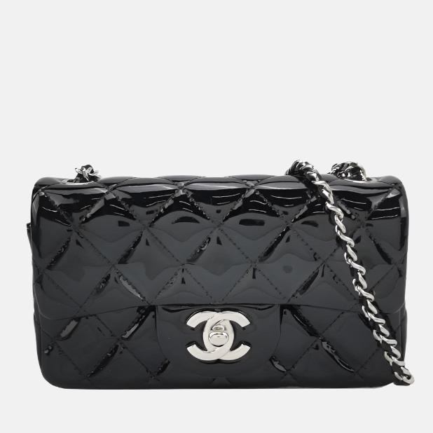 Chanel Classic Flap Rectangular Super Mini Black Patent Leather Silver Hardware-Luxbags
