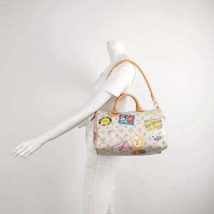 Louis Vuitton Speedy 30 Bandouliere Monogram Hotel Labels White Multicolor