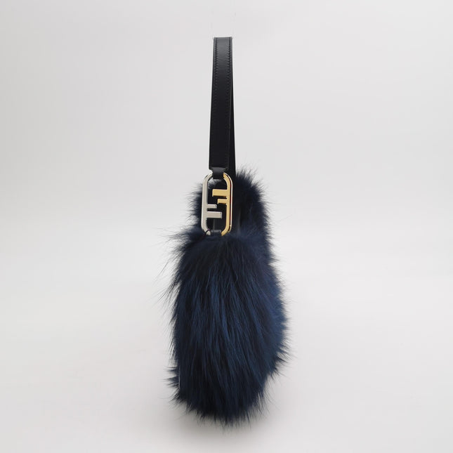 FENDI O Lock Navy Leather and Faux Fur Shoulder Bag