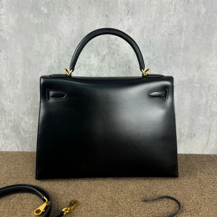 Hermes Kelly 32 Sellier Black Box Leather Double Ring Gold HW