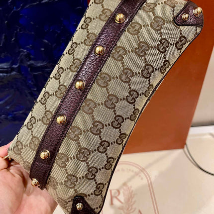Sold Gucci Horsebit 1955 Chain Bag Gucci Monogram Iridescent Purple Leather and Gold Studs