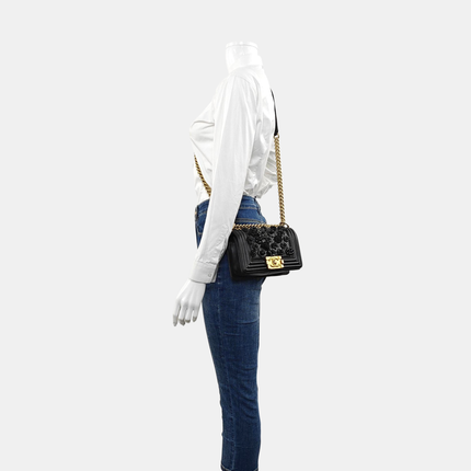 Chanel Le Boy Bag Small Camellia Black Lambskin Leather Gold Hardware