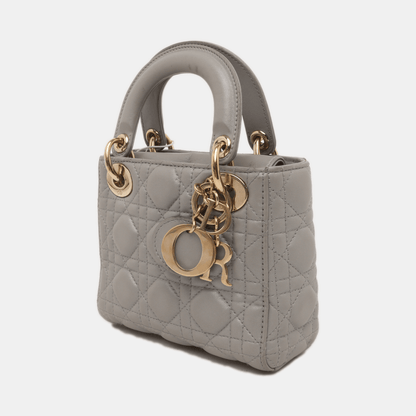 Lady Dior Mini Pearlescent Grey Lambskin Leather Gold HW Chain Strap