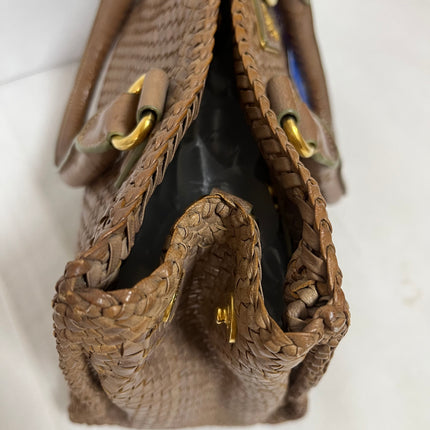 Prada Madras Brown Woven Leather Top Handle Shopping Tote