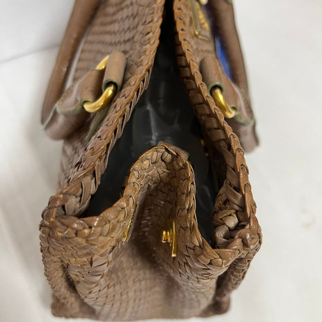 Prada Madras Brown Woven Leather Top Handle Shopping Tote