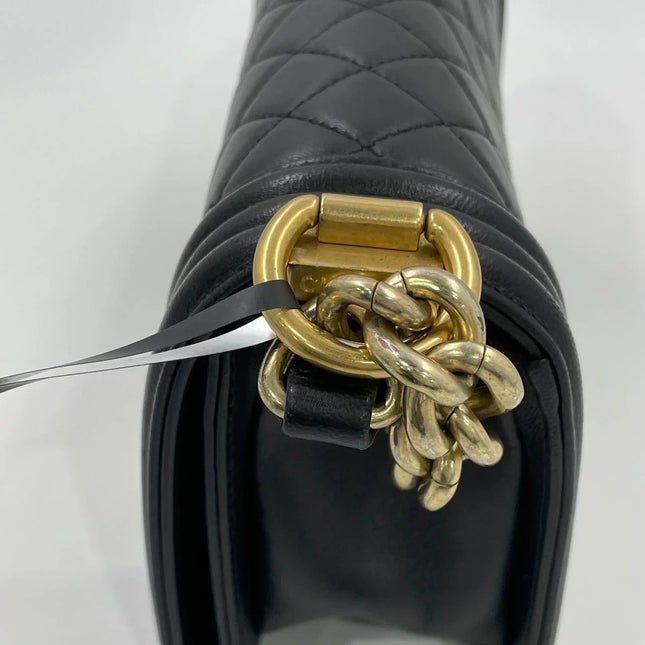 Chanel Le Boy Small Black Lambskin Leather Antiqued Gold Hardware