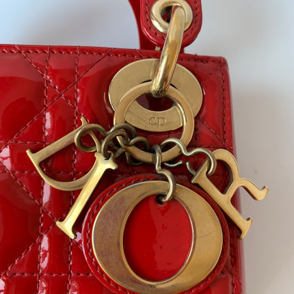 Sold Lady Dior Patent Leather Red Mini handbag with gold hardware