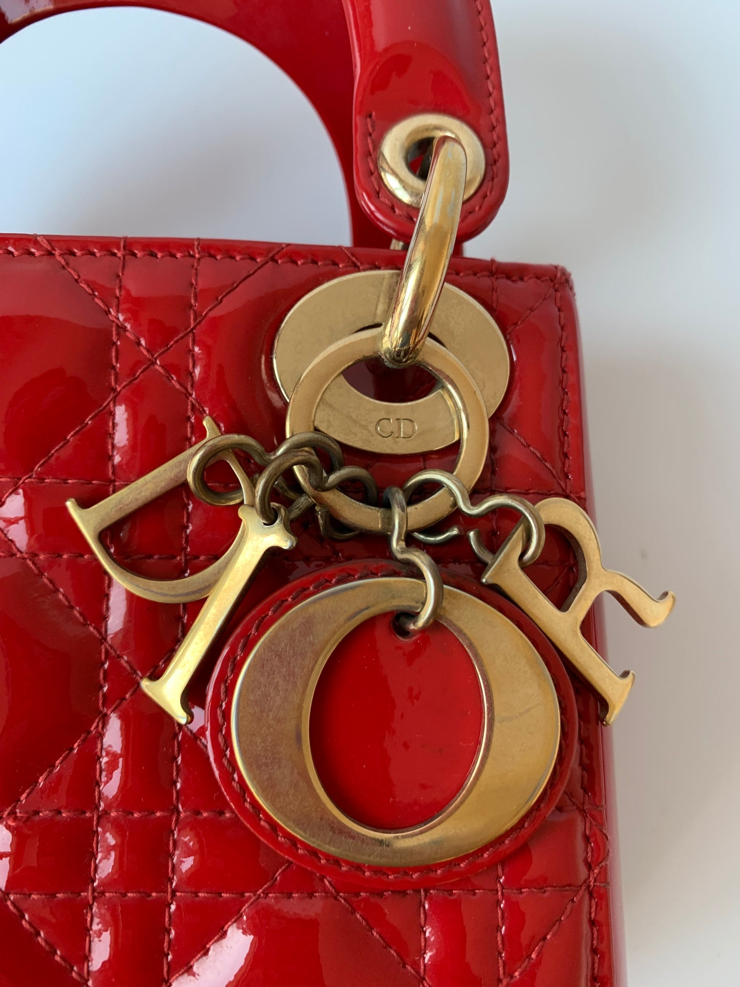 Sold Lady Dior Patent Leather Red Mini handbag with gold hardware