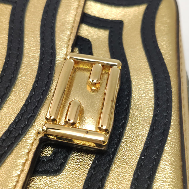 Fendi Nano Baguette Charm Gold Shiny Leather with Black Paints