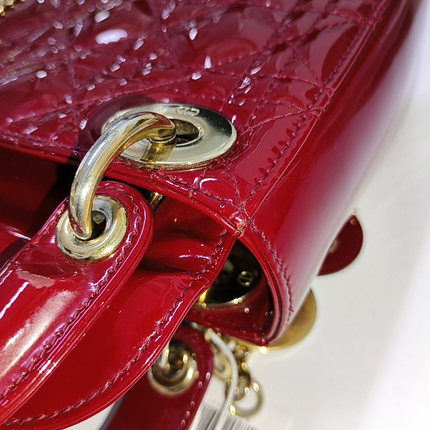 Lady Dior Mini Handbag Burgundy Red Patent Leather Gold-tone Chain Strap