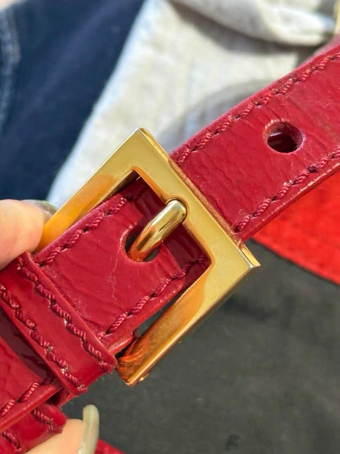 FENDI Baguette Red Crinkled Patent Leather Shoulder Bag