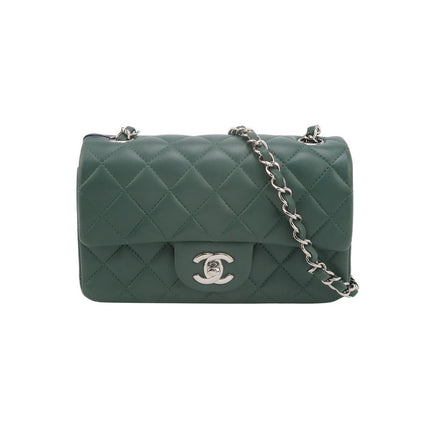 Chanel Classic Flap Mini Rectangular 2019 Green Lambskin Leather Silver Hardware