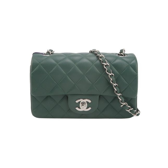 Chanel Classic Flap Mini Rectangular 2019 Green Lambskin Leather Silver Hardware