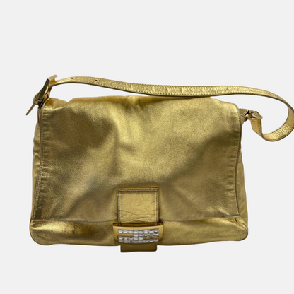 Fendi Mamma Baguette Gold Lambskin Leather Crystal Buckle-Luxbags