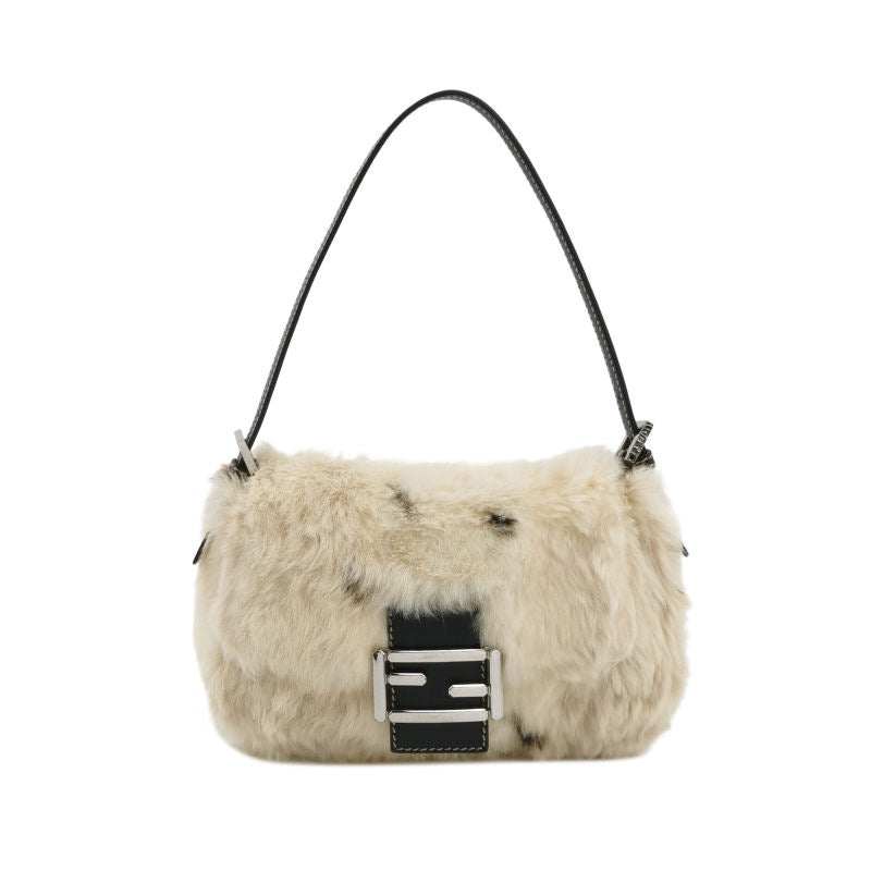 Fendi Mini Mamma Baguette White Rabbit Fur Shoulder Bag-Luxbags