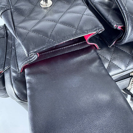 Chanel Cambon Multi-pocket Ligne Reporter Bag Medium Black Calfskin Leather White Logo
