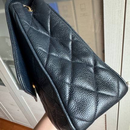 Chanel Classic Flap Vintage Navy Black Caviar Leather 24k Gold Plated Giant CC Logo, 1994-96