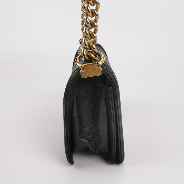 Chanel Le Boy Small Black Lambskin Leather Antiqued Gold Hardware