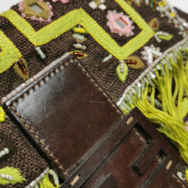 Fendi Baguette Vintage Brown Canvas with embroidery sequins mirrors and tassels