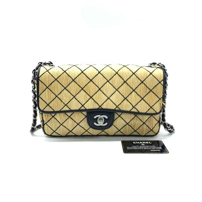 Chanel Medium Straw Wicker Flap Bag Black Diamond Wild Stitch-Luxbags