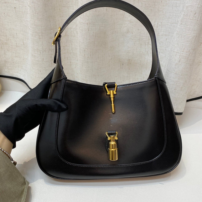 Gucci Jackie 1961 Black Leather Bag Small Piston Lock With Strap