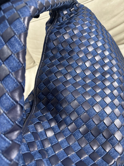 Bottega Veneta Hop Large Leather and Denim Intrecciato Navy Hobo Bag 55cm