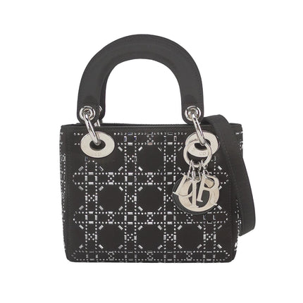 Lady Dior Mini Black Silk with Crystals Silver Hardware